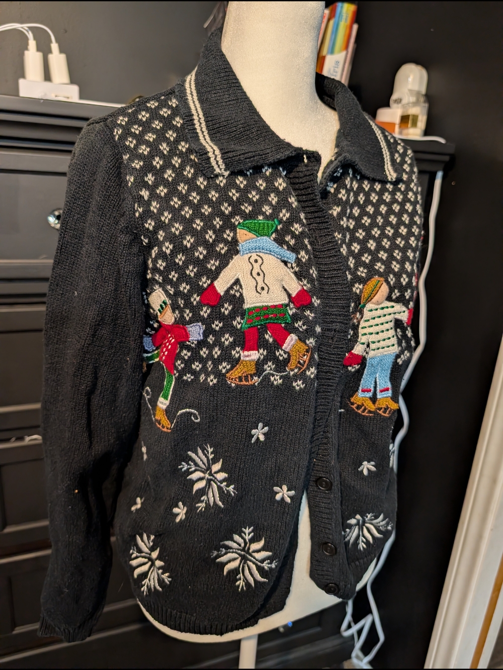Black Embroidered Ice Skater Cardigan Sweater